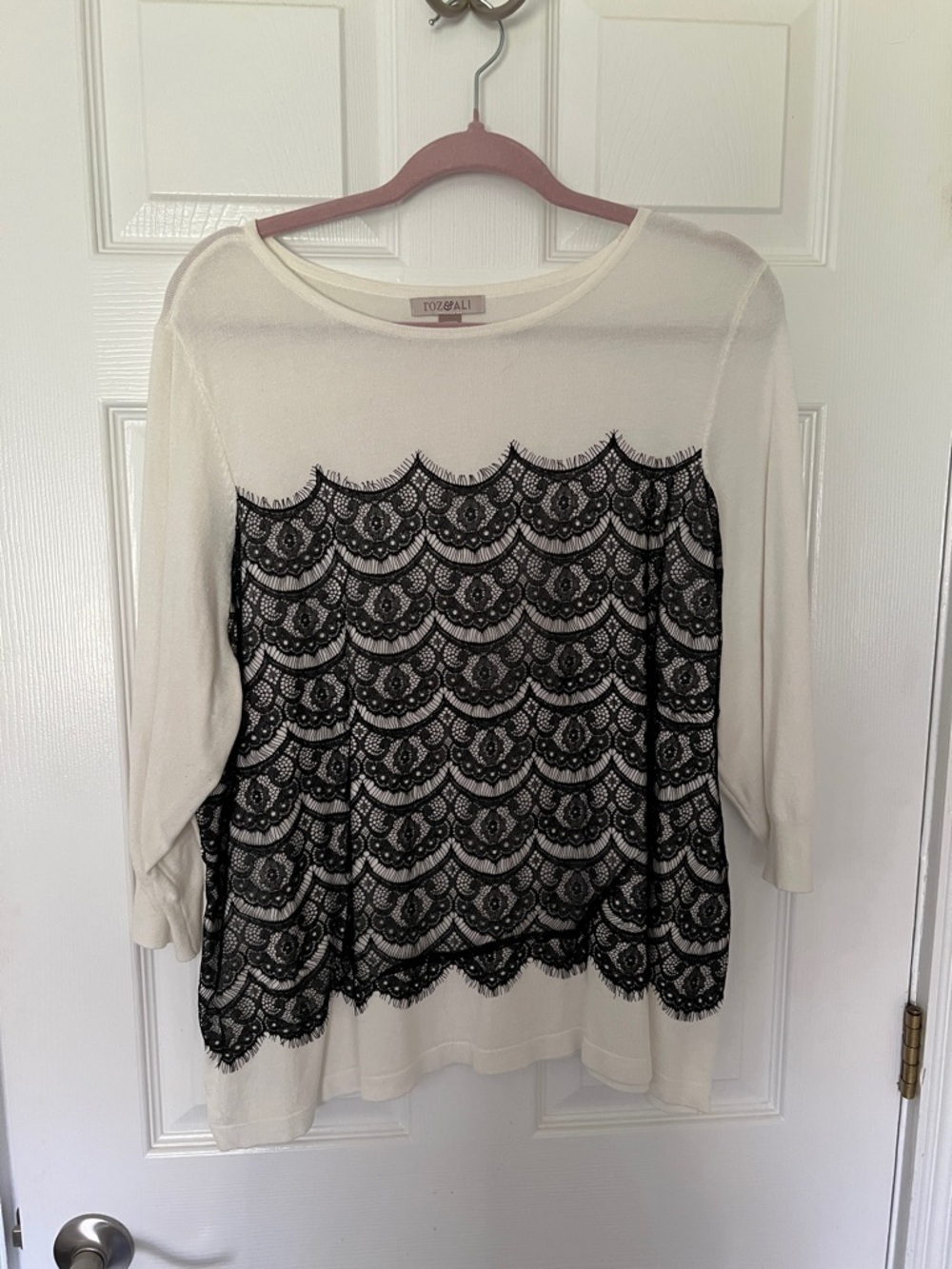 Roz & Ali Cream Long Sleeve Top with Black Lace Front